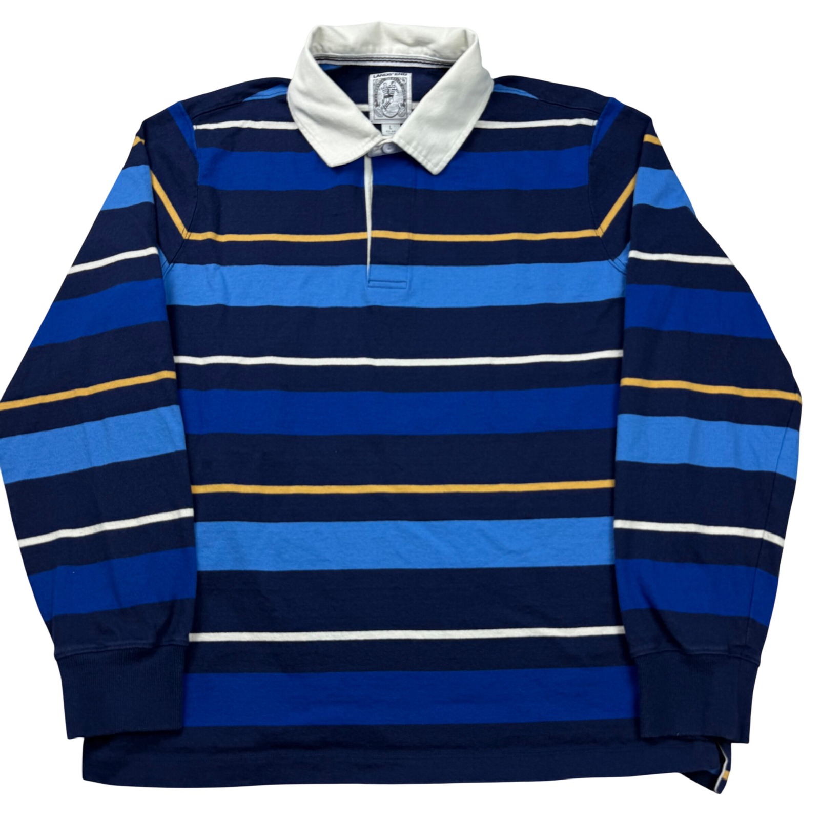 Vtg Lands End Mens Rugby Shirt Large Blue Striped Long Sleeve L 42-44 Peru
